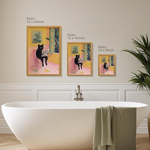 Miniatura 6 de Cyebmo Funny Bathroom Wall Art, Cute Black Cat Sitting on Toilet Reading Newspaper Wall Decor, Whimsical Pink Abstract Animal Canvas Artwork for