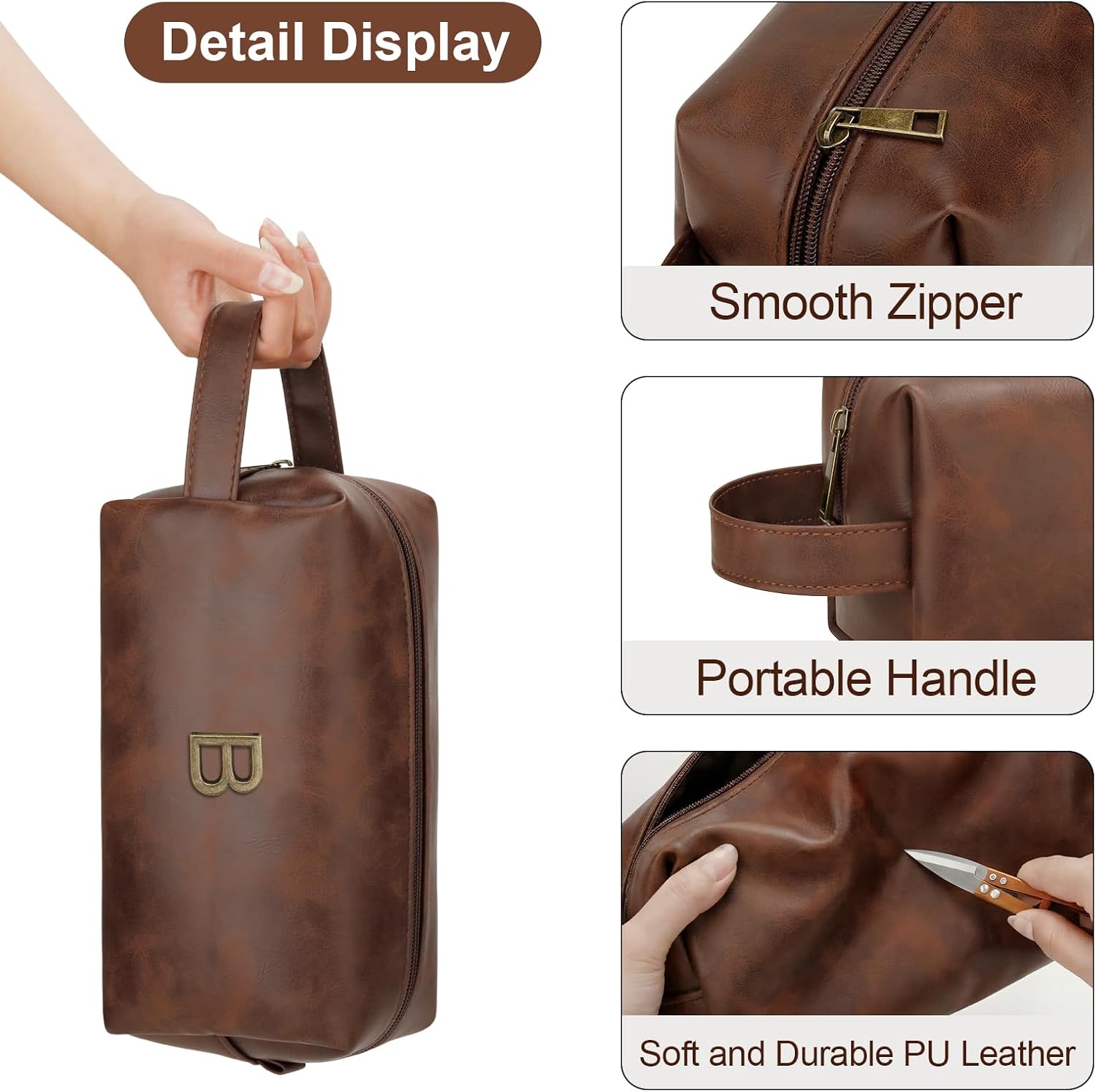 Men’s Personalized Gift Initial Travel Toiletry Bag for Him PU Leather Waterproof Shaving Bag for Travel Essentials Birthday Gift for Dad Husband Boyfriend (B)