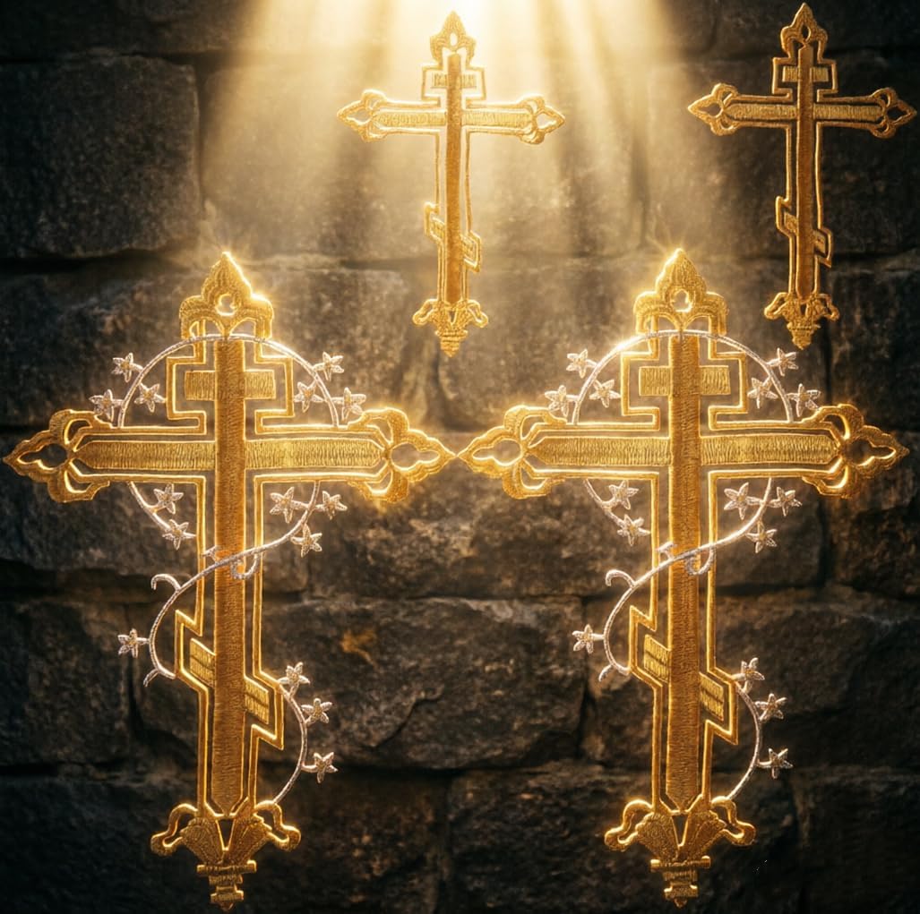 IDONGCAI Gold Cross Embroidered Applique, Set of 4 | Religious Christian Liturgical Vestment, For Church Garments & Altar Cloth, Iron On Sew On, Embroidery Supply Patch
