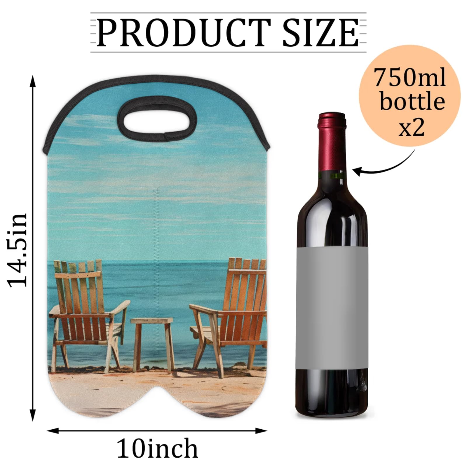 GzLeyigou 2 Bottles Beach Chairs Wine Bag Sleeve Totes Beach Neoprene Protective Wine Carrier Bag for Wine,Water, Champagne, Beer, Baby Bottles,Gift 14.5 x 10 Inches