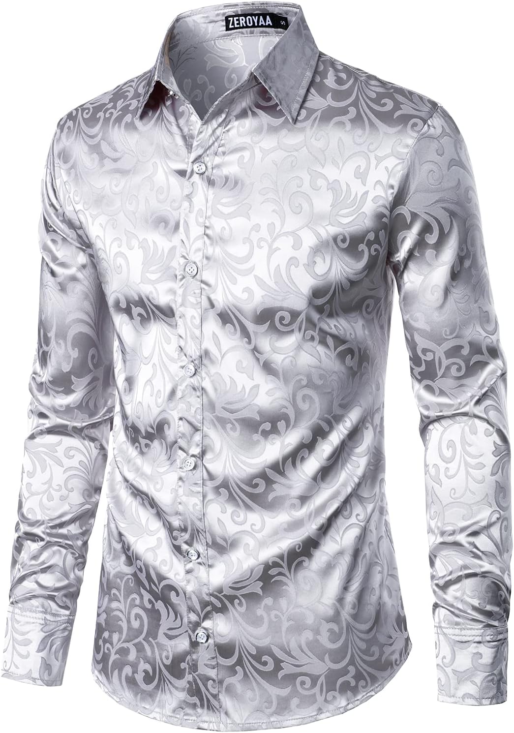 ZEROYAA Men's Luxury Jacquard Long Sleeve Dress Shirt Shiny Satin Slik Like Wedding Party Prom Shirts - Image 2