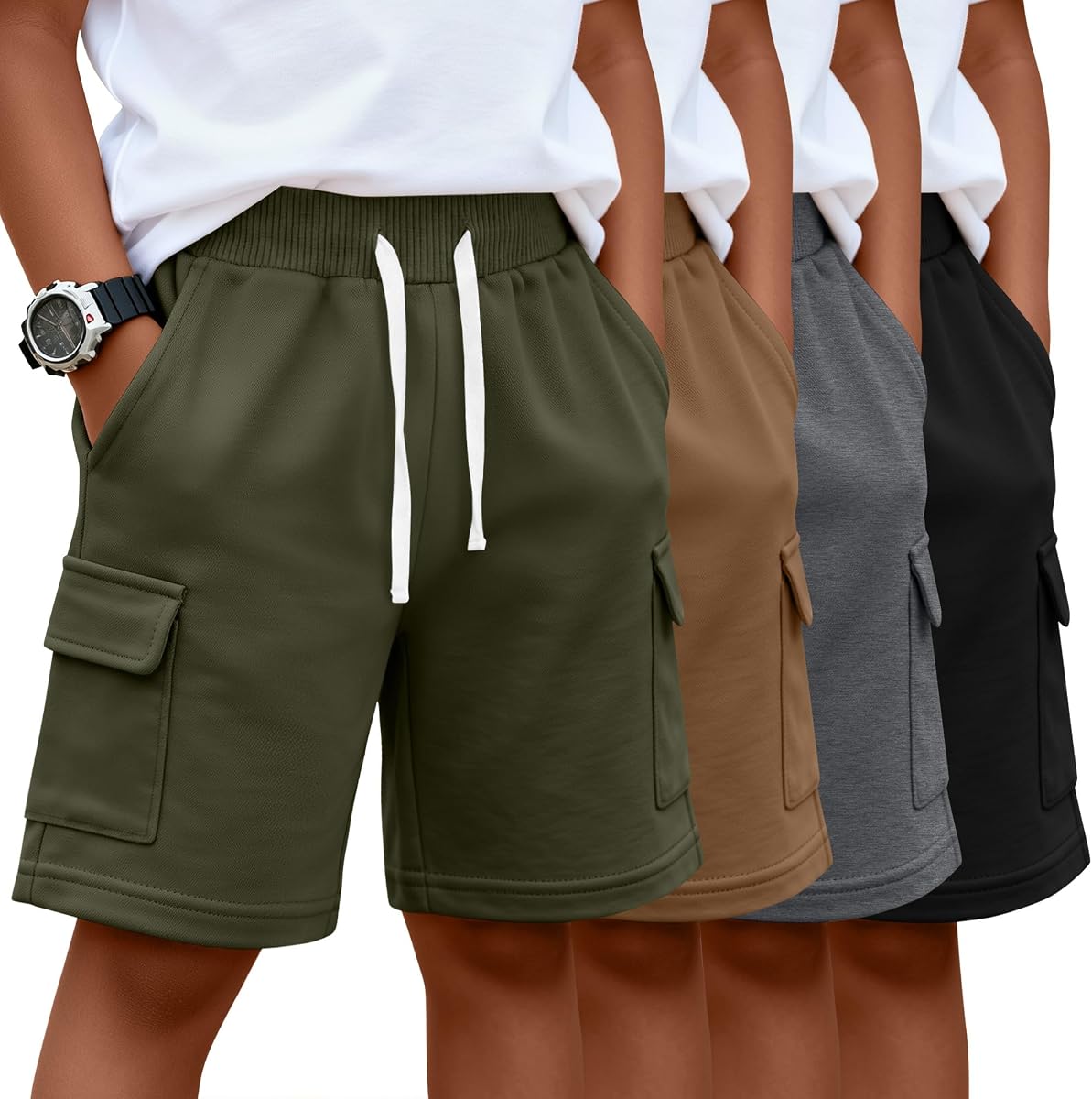 Halfchet 4 Pack Boys Cargo Long Shorts 5-14 Years | Baggy Uniform Shorts, Adjustable Waist Pull on Shorts, Multi Pocket Athletic Wear, Back to School Clothes for Soccer Sports