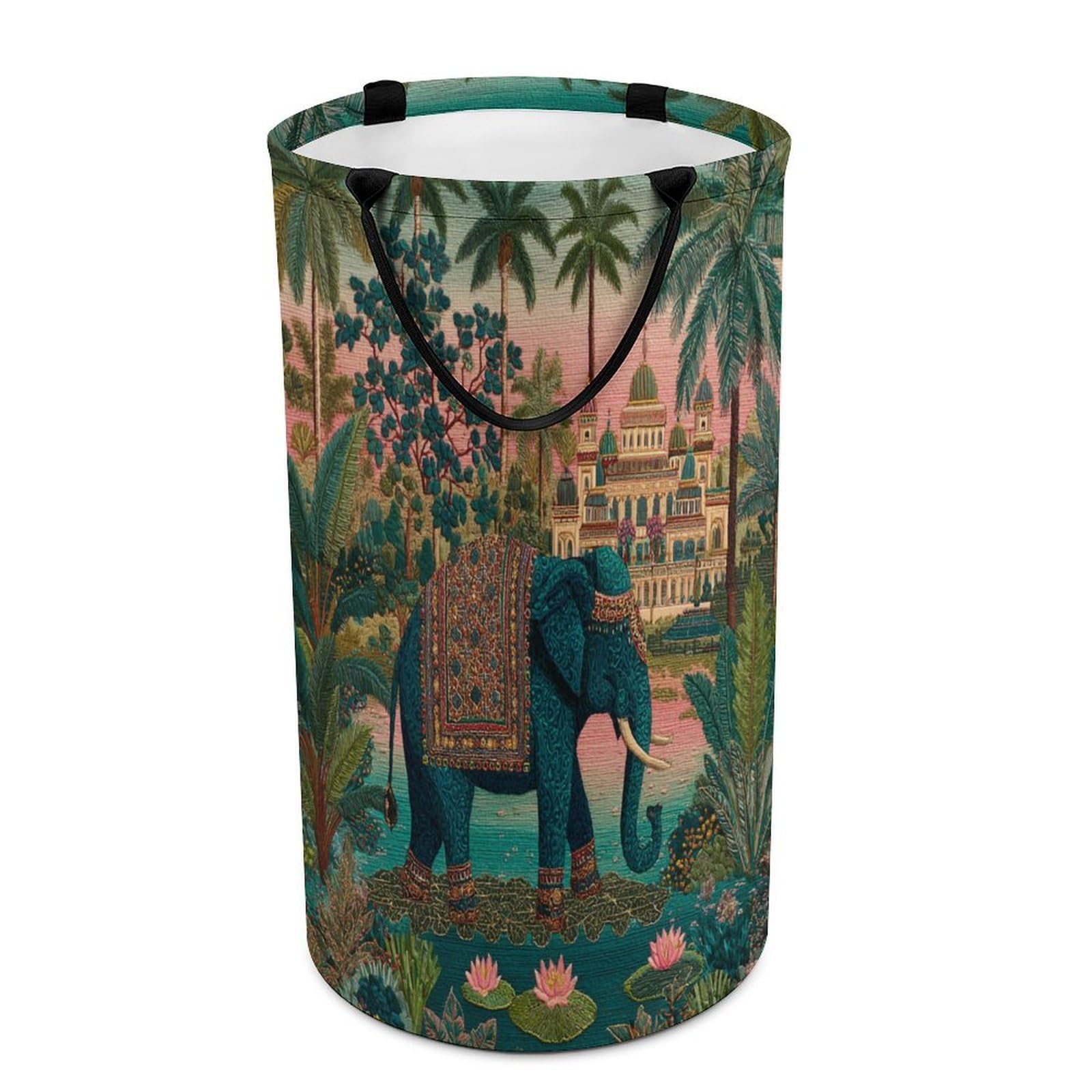 LUYYSKY Beautiful Realistic Indian Elephant Versatile Storage Laundry Basket, Boho Oil Painting Castle Animal Elephant Lotus Floral Palm Tree Large Bathroom Hamper With Handle-40 CM Dia, 69 CM High
