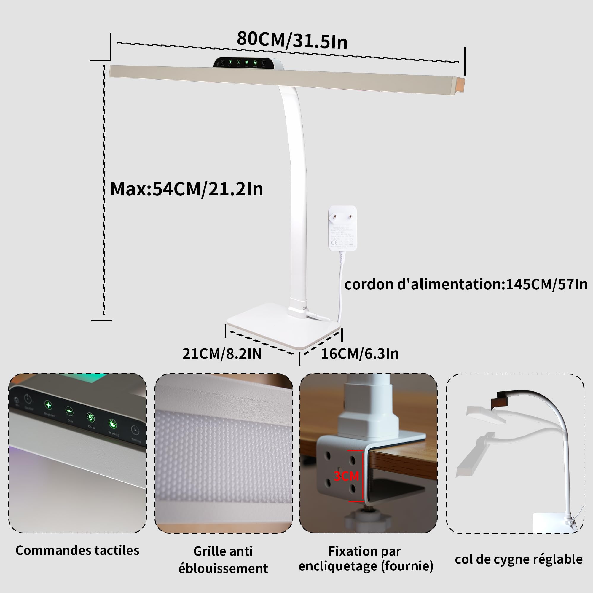 Lampe de Bureau LED 24W Puissante,80CM à Intensité Variable Lumiere Bureau Avec Socle et Fixation par Pince,Blanc Desk Lamp à Col de Cygne Flexible,Idéale pour le Lecture et Les études