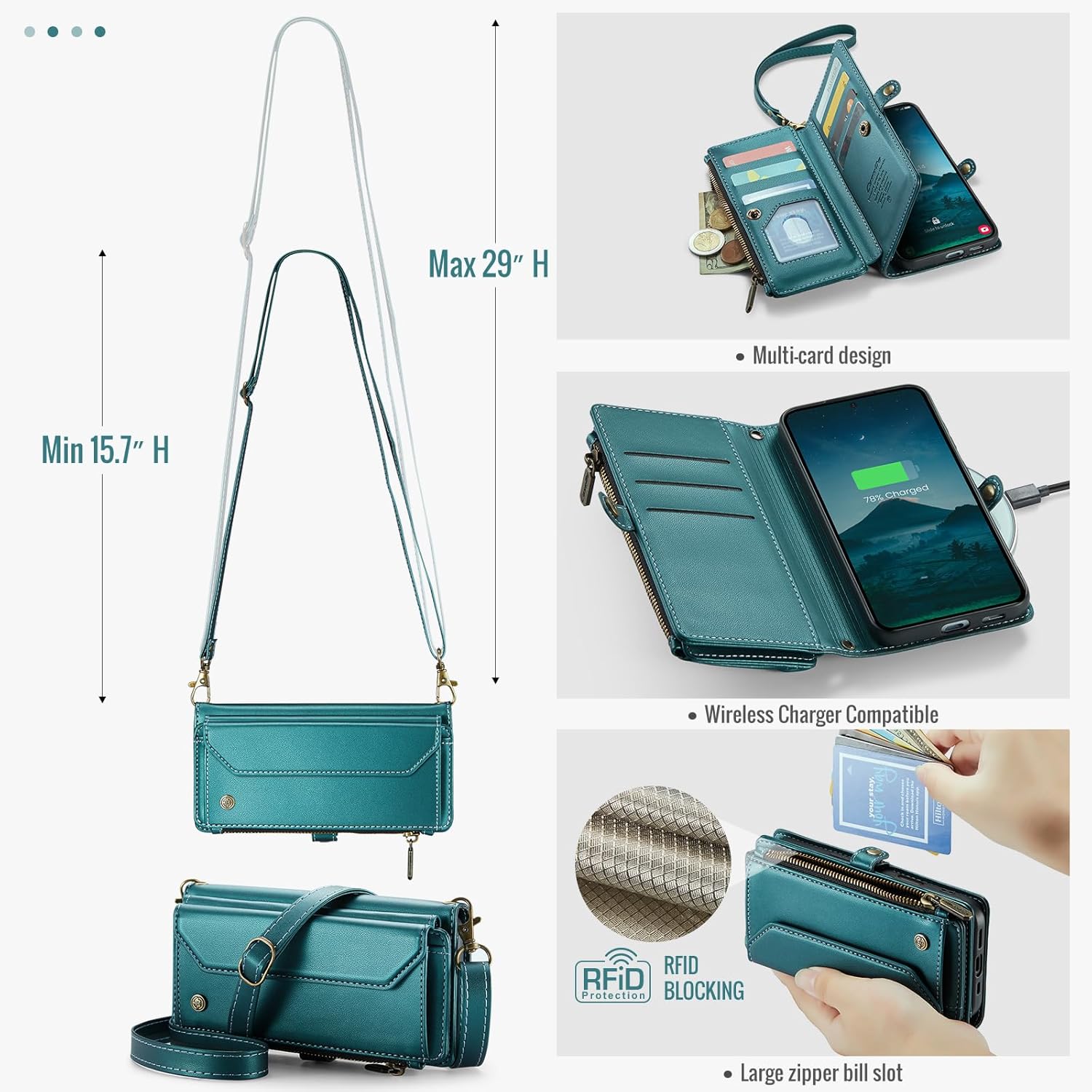 Compatible with Samsung Galaxy S25 FE Leather Case, [RFID Blocking] Multi-Functional Wallet Handbag Leather Case with Card Slots Kickstand Crossbody Shoulder Strap for Women Men (Green)