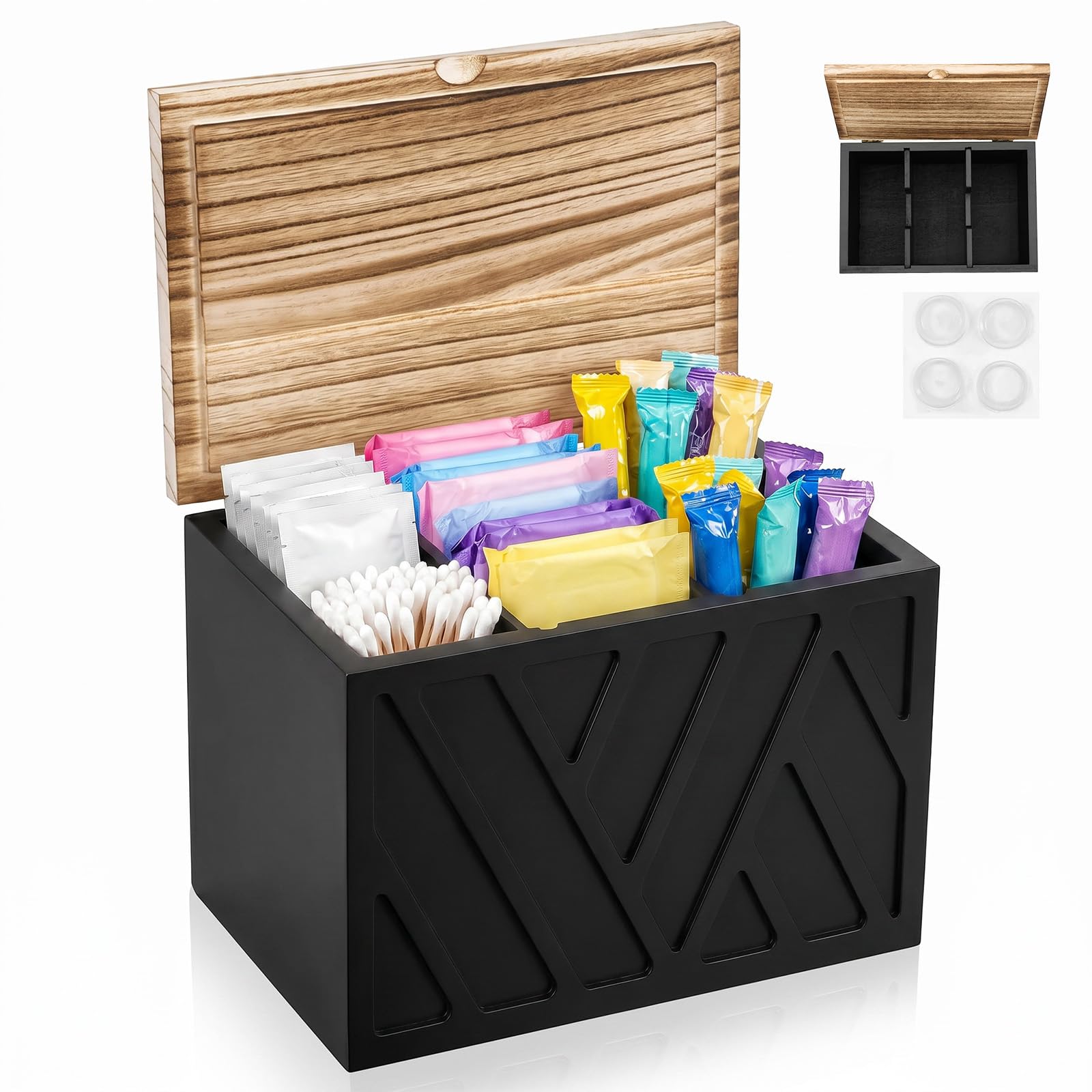 Eyoulife Tampon Holder for Bathroom, Feminine Product Organiser Box with Grooved Lid, Period Box and Sanitary Towel Storage Container for Toilet Countertop & Bathroom Decor(Black,1)