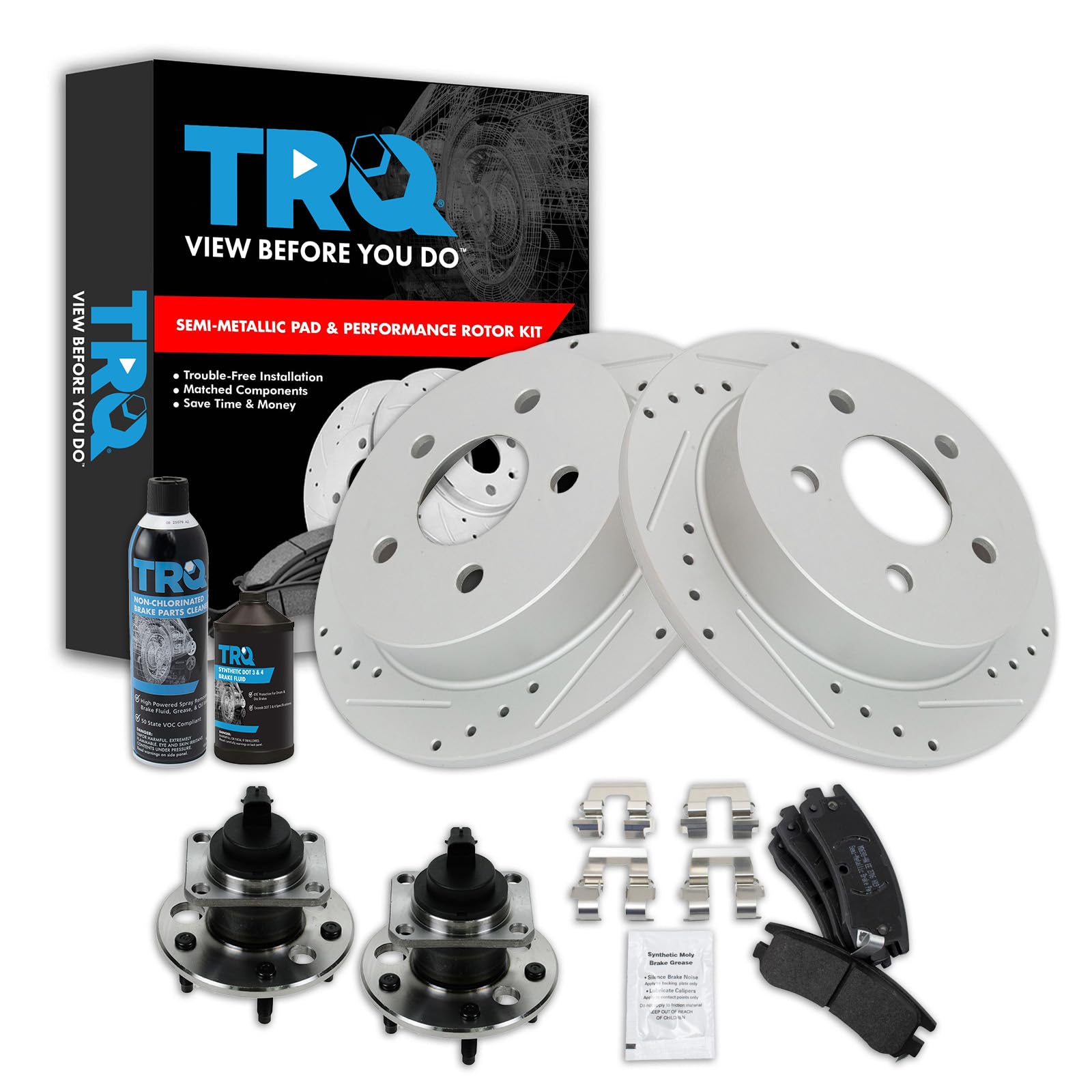 TRQ Performance Rear Performance Brake Pad &amp; Rotor Kit Semi-Metallic Premium G-Coated Compatible with 1999-2004 Oldsmobile Alero 1999-2005 Pontiac Grand Am