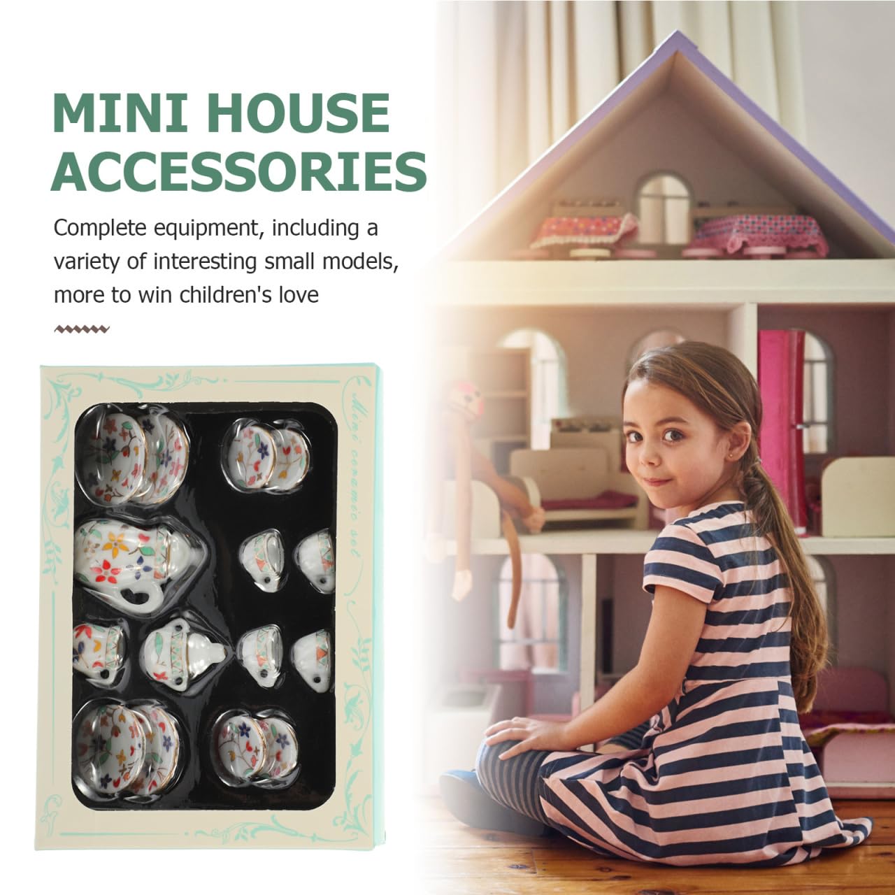 Minkissy Service à Thé Miniature En Céramique – 4 Tasses, Sous-verres Et Pots Pour Maison De Poupée 1/12 – Déco Réaliste