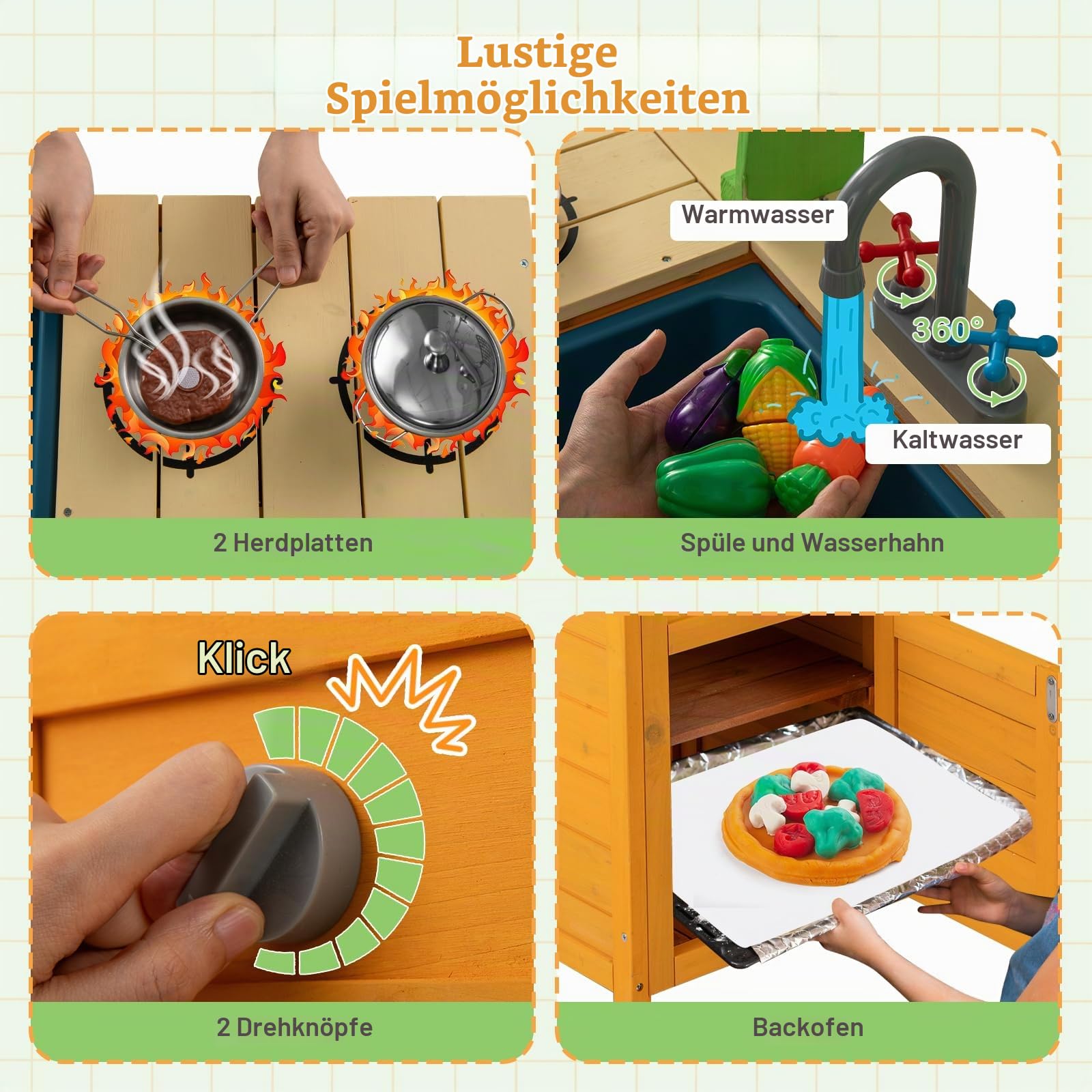 FANTASK Matschküche Holz Outdoor, Spielküche mit Zubehör, Kinderküche mit realistischen Herden & Wasserhahn & Spüle & Ofen, Gartenküche für Kinder ab 3 Jahren