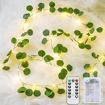 JMEXSUSS 33 FT 100 LED Eucalyptus Vine Fairy Lights, Vines with Lights Battery Operated with Remote, Eucalyptus Leaf Light Garland Indoor Outdoor for Bedroom Wall Classroom Party DecorWarm White