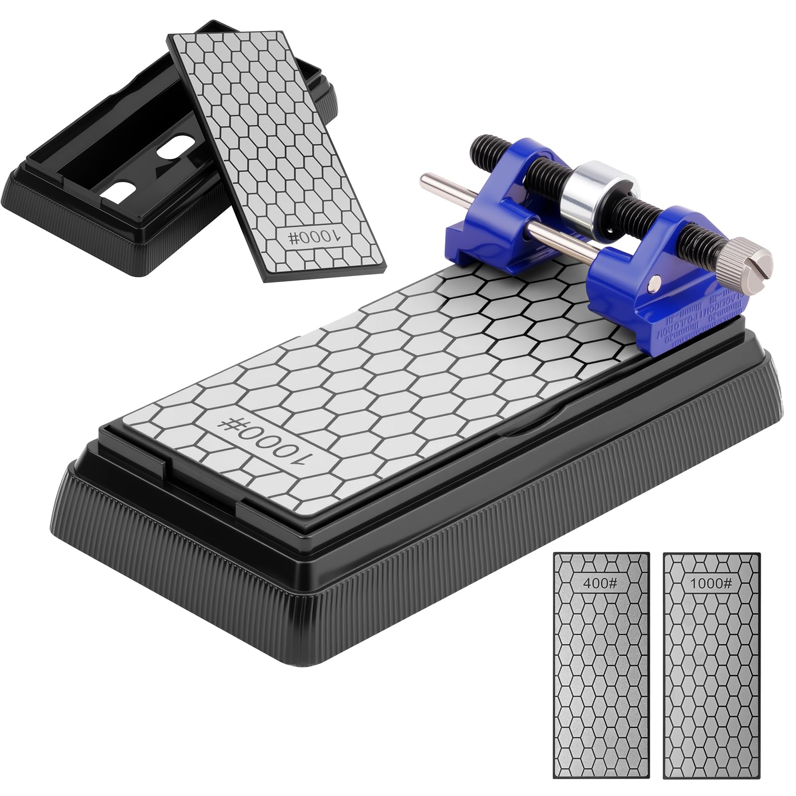 Aolso Diamond Sharpening Stones Set with 400/1000 Grit, Professional Whetstone with Non-Slip Base & Angle Fixer, Double-Sided Diamond Bench Stone Suitable for Kitchen Knives & Short Chisels and Planes