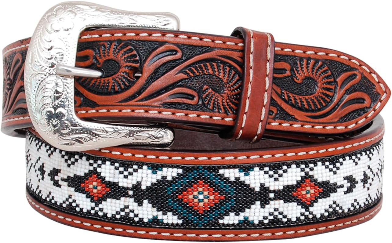 Circle Y Men' Infinity Beaded 1.5" Wide Durable Tooled Leather Casual Outdoor Western Cowboy Belt w/Silver Etched Buckle