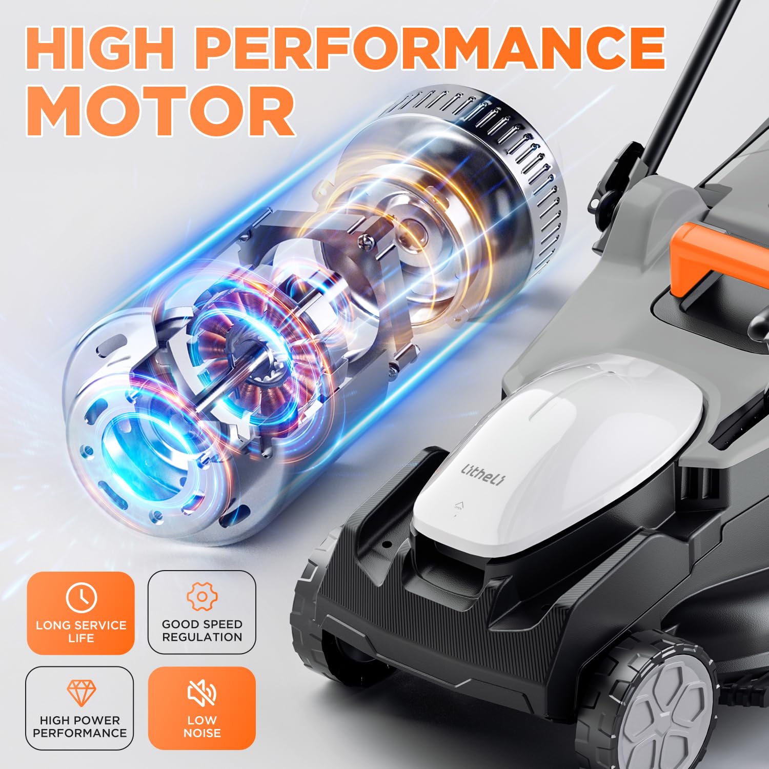 Cortacésped eléctrico con batería Litheli U20, ancho de corte de 38 cm, hasta 300 m², cesta de 40 L, altura de corte de 25-75 mm, incluye 2 baterías de 4,0 Ah