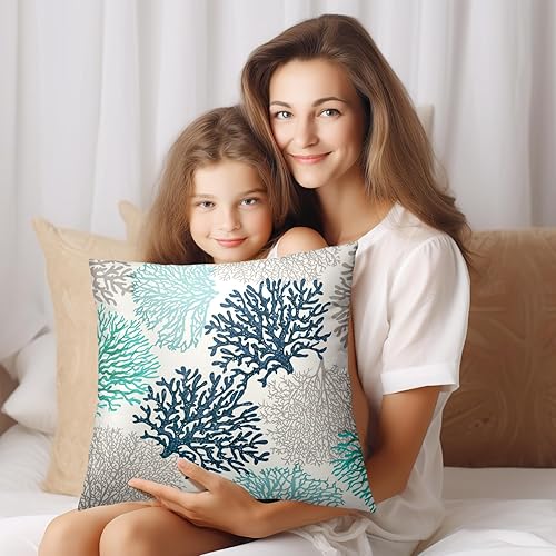 Miniatura 7 de Juego de 2 fundas de almohada náuticas costeras de 18 x 18 pulgadas, diseño de estrella de mar y coral océano, fundas decorativas para exteriores,