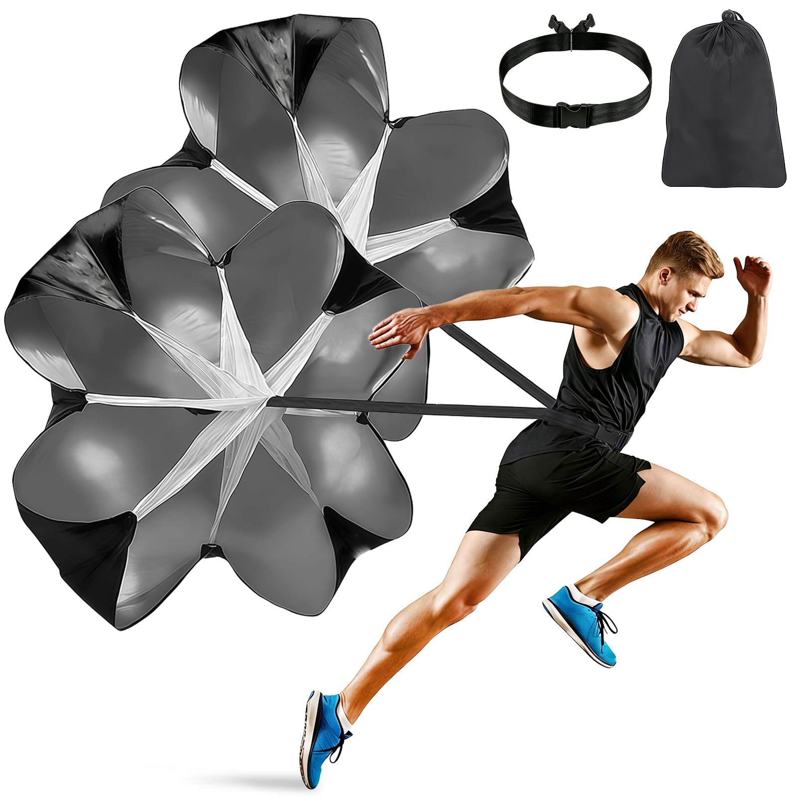 2 Pezzi Paracadute da Corsa, Neri Paracadute di Resistenza, Paracadute Sportivo con Cinghia Regolabile, Paracadute Sprint, Paracadute Corsa Allenamento per Sprint, Rugby, Calcio, Baseball