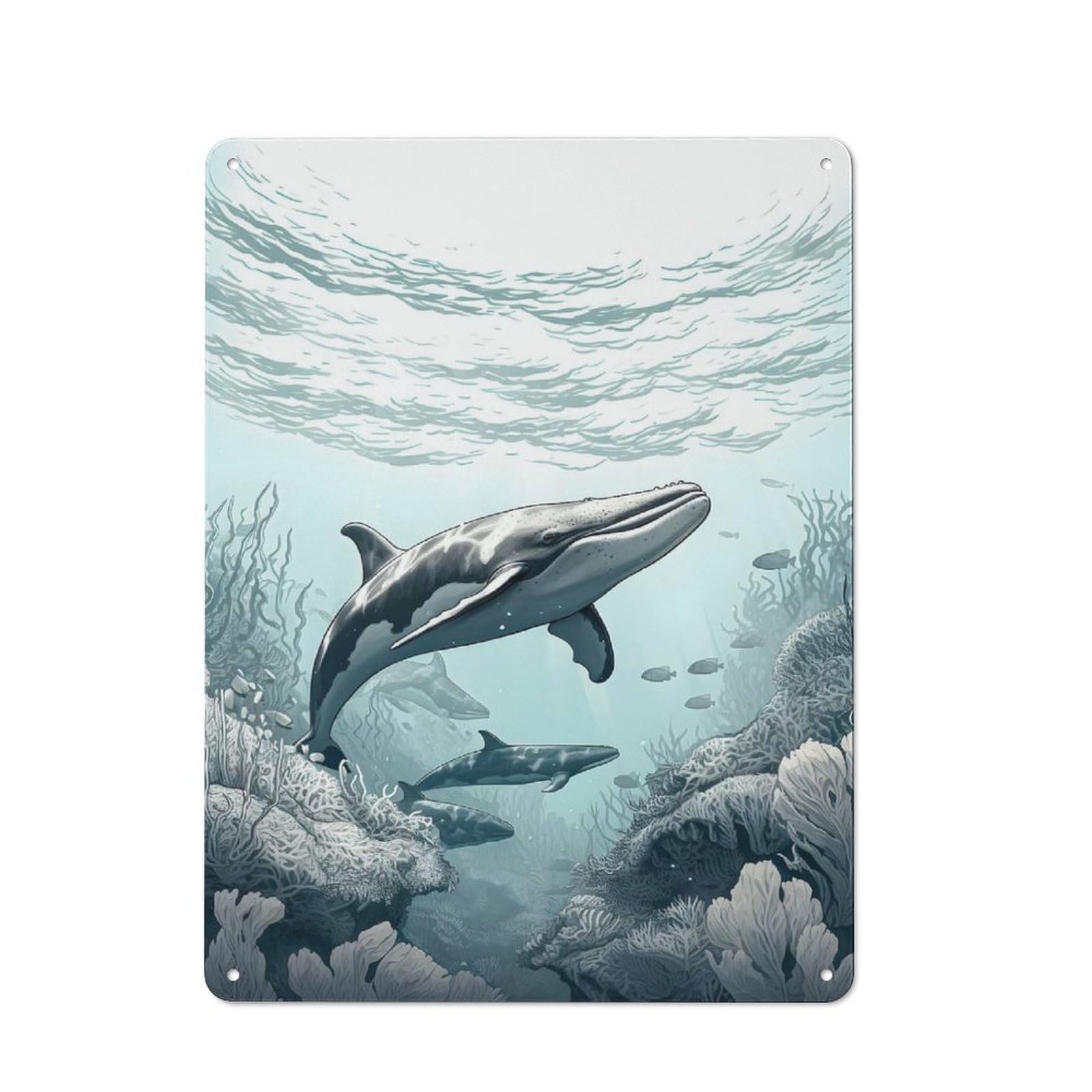 Vintage Tin Sign 40x30cm Featuring Whale Underwater, Industrial Wall Art for Garage, Workshop, Shed Or Utility Room