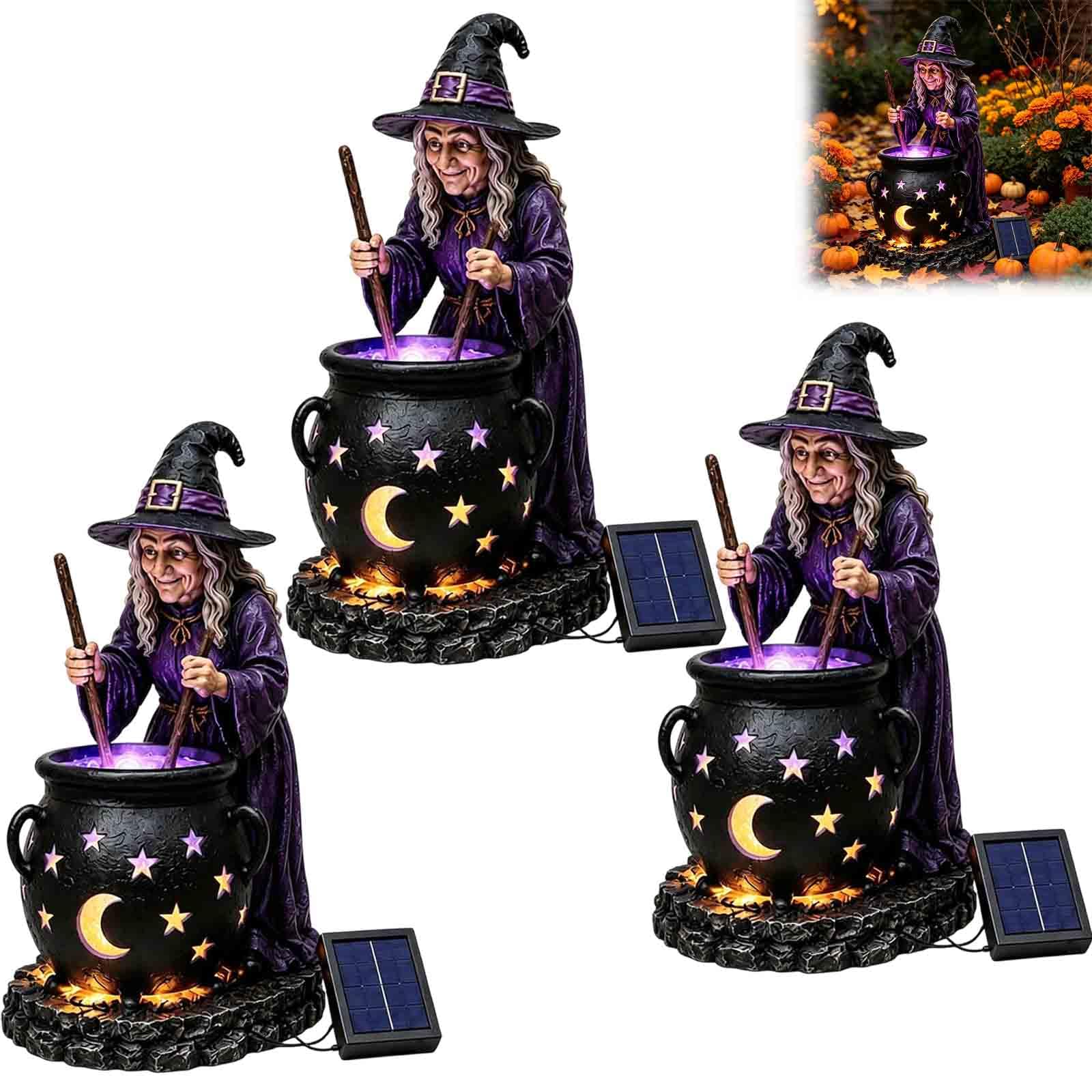 Luci da giardino solari a forma di strega e calderone luminoso per Hallowe