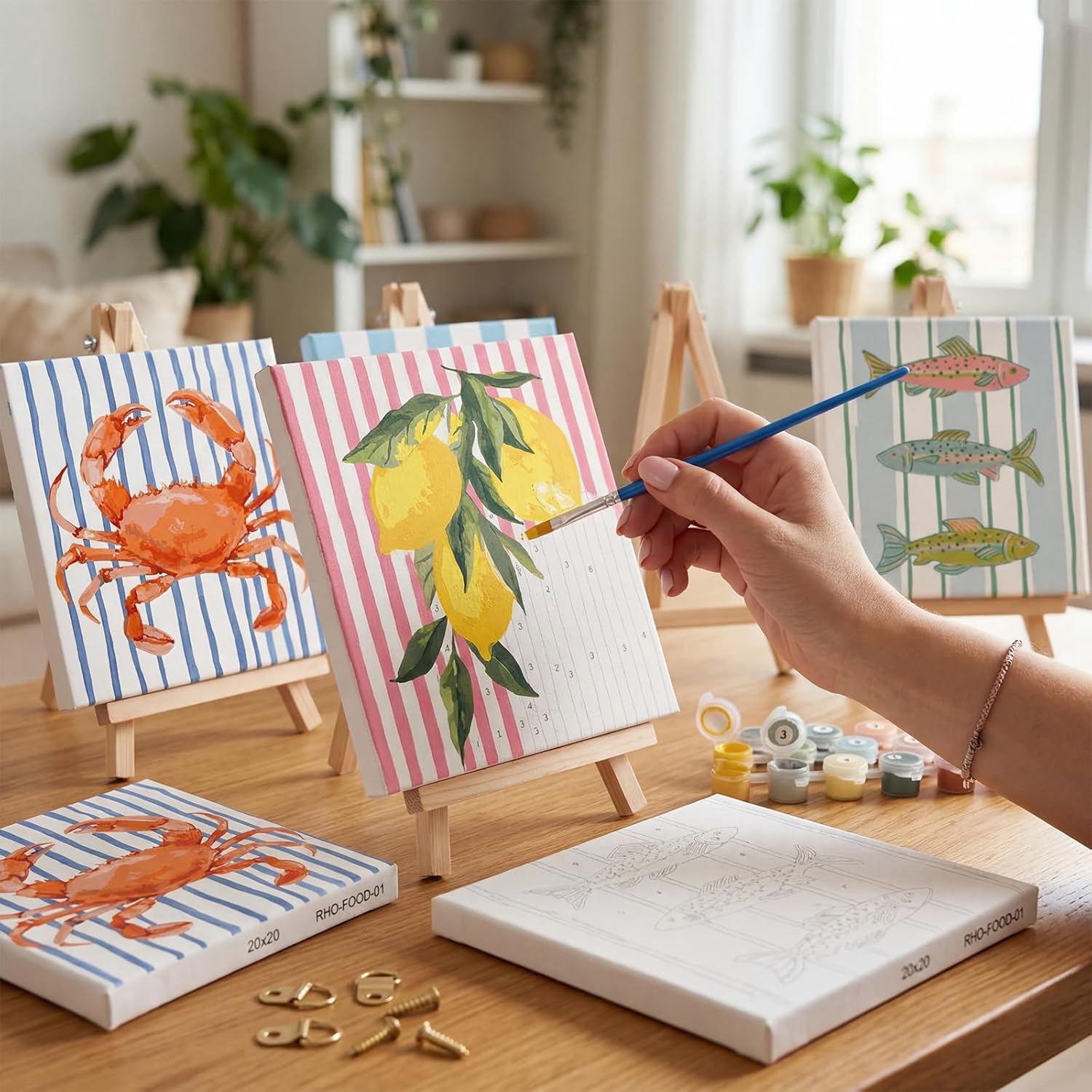YooNotee 6 Pack Vintage Fruit Paint by Numbers Kit on Canvas with Wooden Easels & Brushes, 8 x 8 Inch Boho Kitchen Adult Paint by Number Kits on Canvas, DIY Acrylic Watercolor Oil