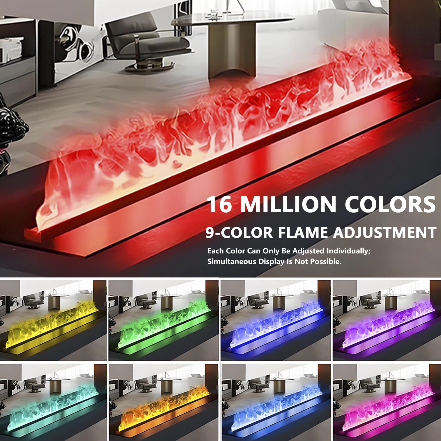 Chimenea inteligente de vapor de agua 3D con control remoto, 9 colores de llama, panel táctil, recarga automática