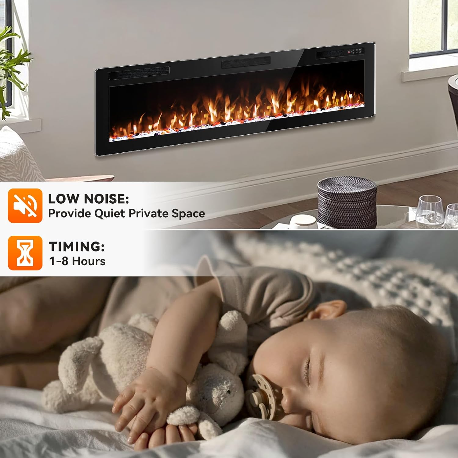 60 Inch Electric Fireplace, Ultra-Thin Wall Mounted Fireplace Insert Recessed and Wall Fireplace Electric with Remote Control, Adjustable Multi-Flame Color & 8H Timer, Low Noise, 750/1500W