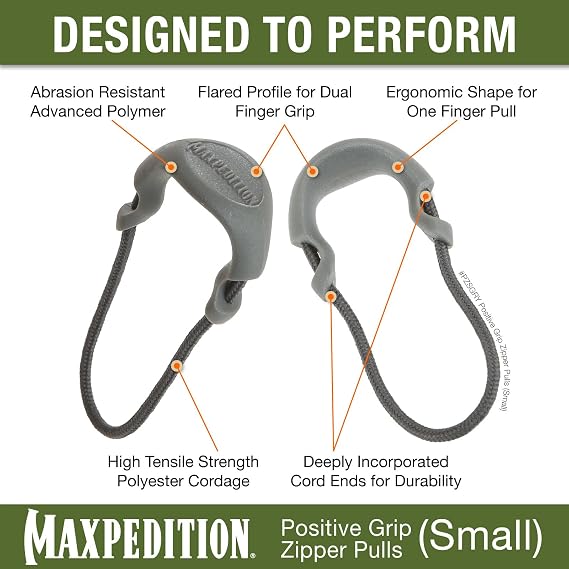 MAXPEDITION Positive Grip Zipper Pulls (Small, Gray) Pack of 6, Zipper Pull Replacement for Tactical Backpack, EDC Pouch, Bug Out Bag & Luggage, Sling Pull Tab, PZSGRY
