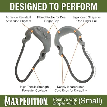MAXPEDITION Positive Grip Zipper Pulls (Small, Gray) Pack of 6, Zipper Pull Replacement for Tactical Backpack, EDC Pouch, Bug Out Bag & Luggage, Sling Pull Tab, PZSGRY