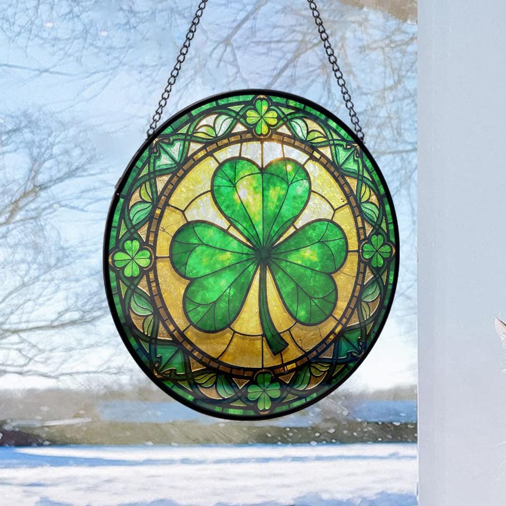 THUYPT St Patrick's Day Stained Glass Window Home Hanging Decor, Irish Shamrock Celtic Round Stained Glass Window Hanging, Irish Suncatcher Decorations Saint Patrick's Day (Shamrock)