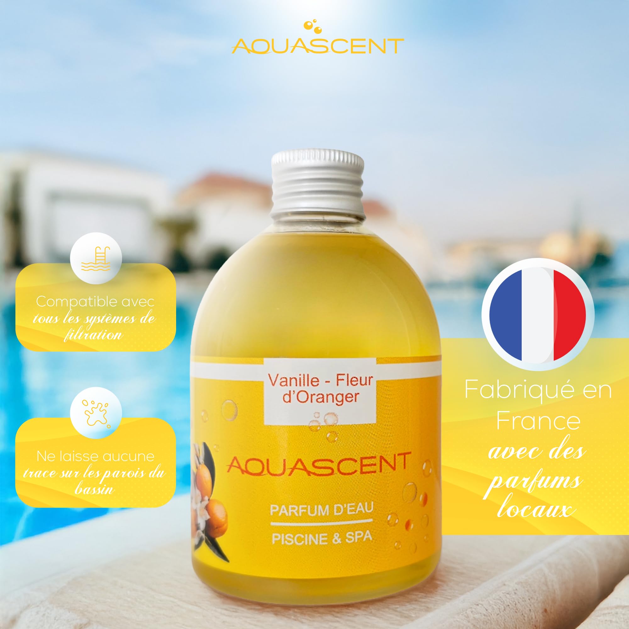 Parfum Piscine et Spa Vanille Fleur D'ORANGER- Concentré 250ml : élimine Les odeurs, préserve l'eau Claire, sans Alcool ni Colorant. Fabriqué en France. Compatible Sel & Chlore
