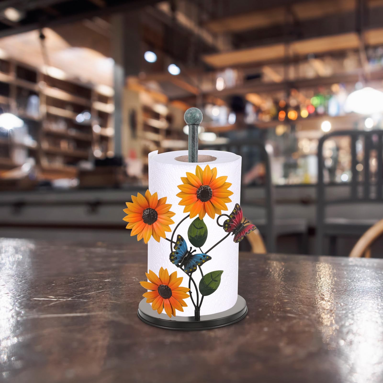 Mobestech Portarotolo da Cucina in Metallo Stile Girasole Farfalle, Porta Carta Verticale Robusto e Decorativo per Soggiorno, Sala da Pranzo e Cucina, Supporto Portasciugamani Artistico