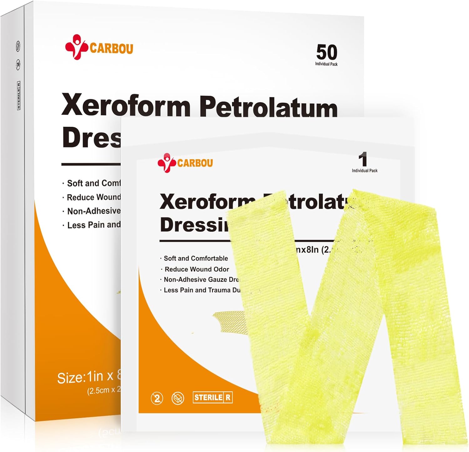 Carbou Medical Xeroform Petrolatum Dressing 1"x8", 50 Individual Pack, Non-Adherent Gauze Pads, Soft Fine Mesh Gauze Patch for Wound Care, Burns, Lacerations, Skin Grafts & Surgical Incisions