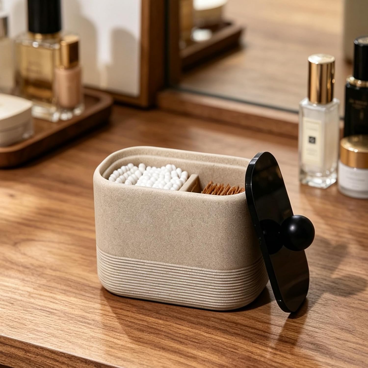Double compartment resin cotton swab holder with lid, bathroom cotton swab storage box, ideal for storing cotton pads, dental floss sticks, makeup sponges, and various small bathroom items (Beige)