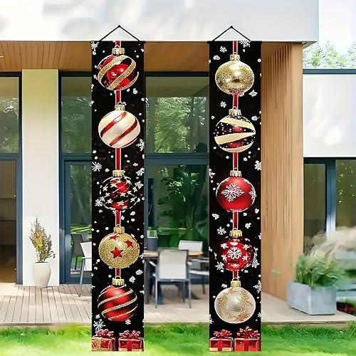 Miniatura 4 de Pancartas navideñas para porche de 71 x 12 pulgadas, pancarta colgante de bola roja y dorada, decoración de fondo de copo de nieve negro, letreros