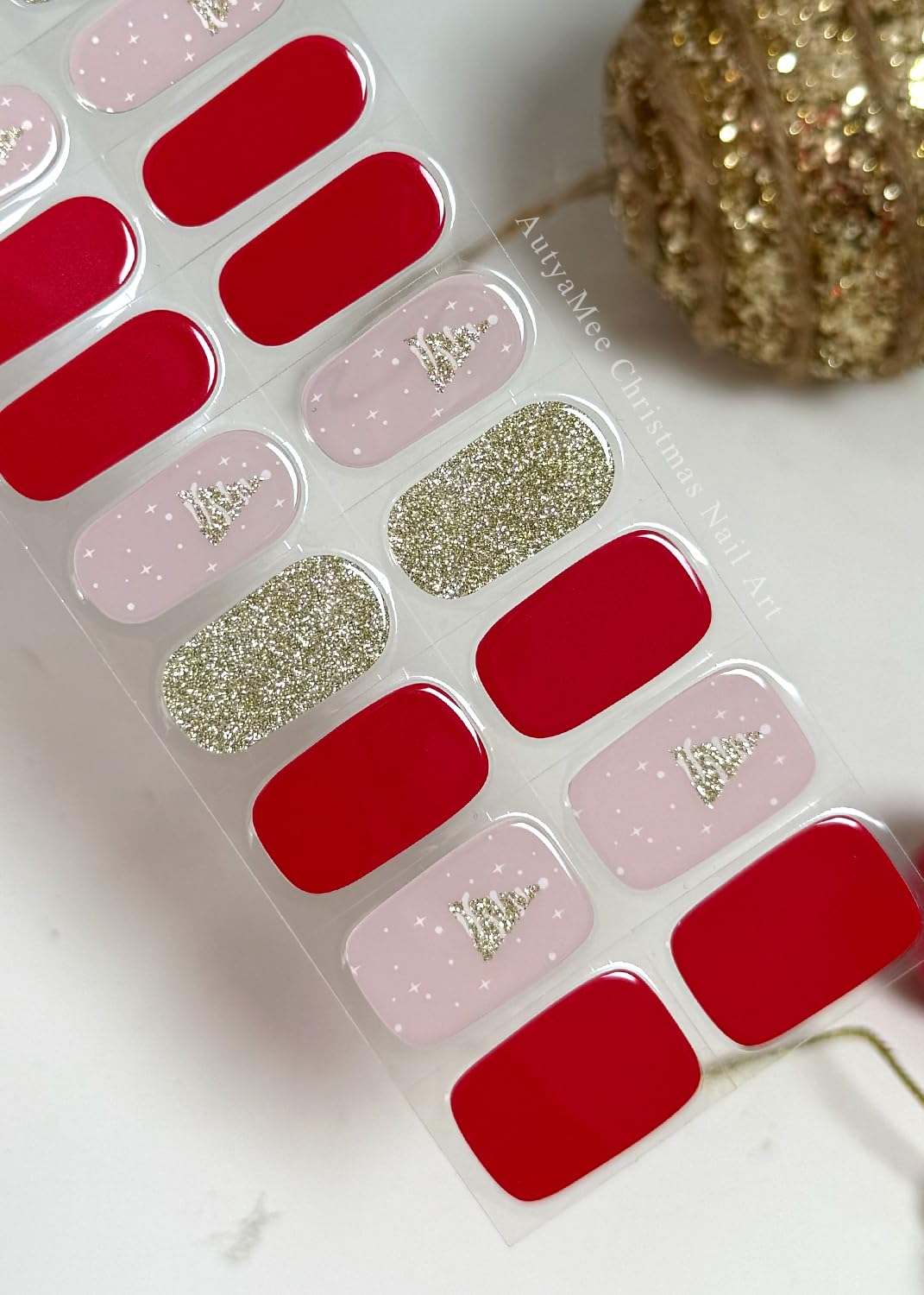 AutyaMee Lot de 20 bandelettes de gel semi-durcies (rouge douillet), sapin de Noël, autocollants, qualité salon, durable, fonctionne avec toutes les lampes UV