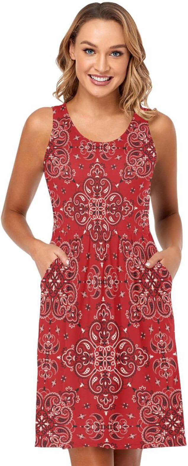 ALAZASummer Dress Paisley Bandana Boho Red Sun Dresses Sleeveless w/Pockets