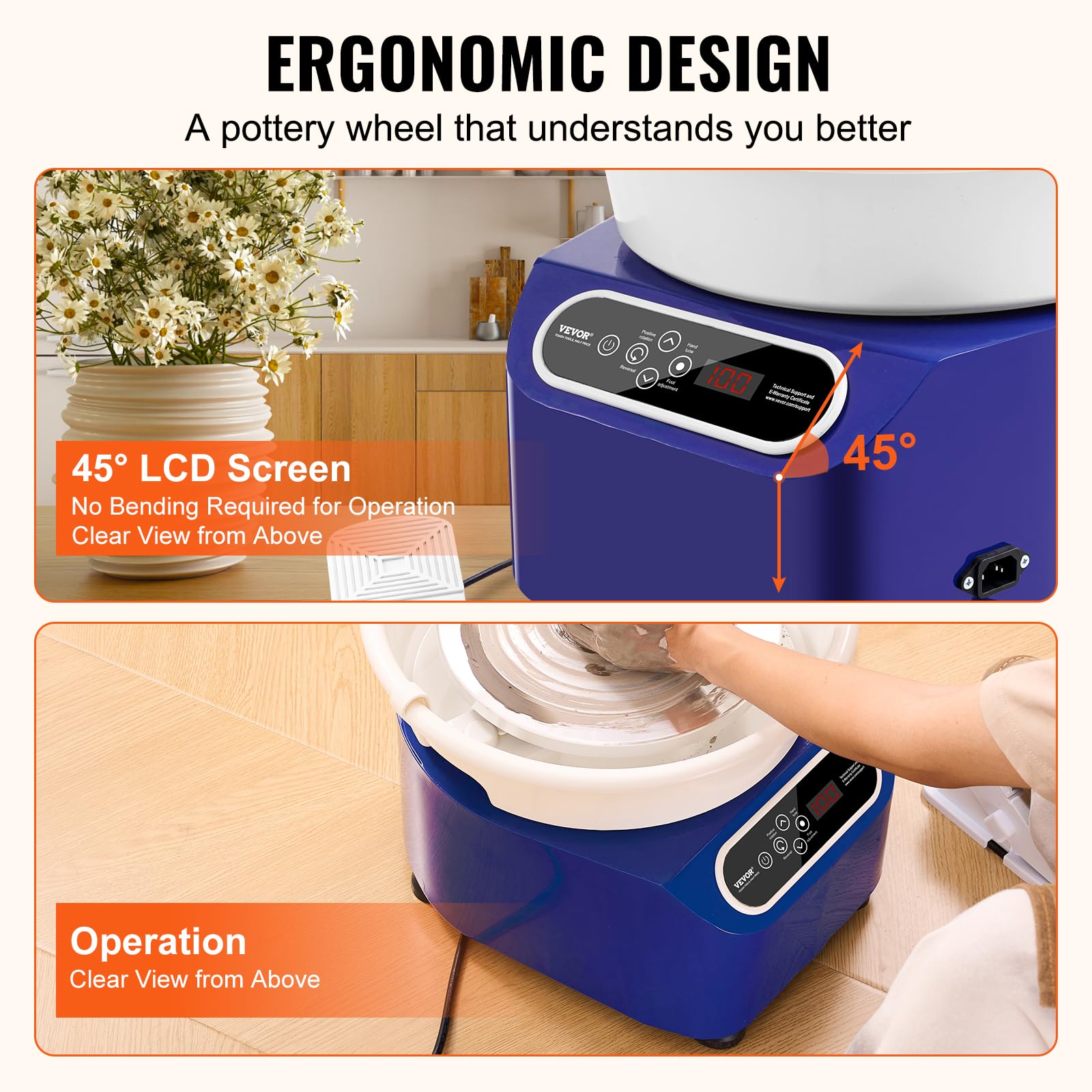 VEVOR Torno de Alfarería Eléctrico 280 mm 350 W con Pedal Pantalla Táctil LCD Mini Torno de Alfarería con 4 Patas de Soporte Rango de Velocidad de 50-300 rpm para Manualidades de Cerámica DIY, Azul