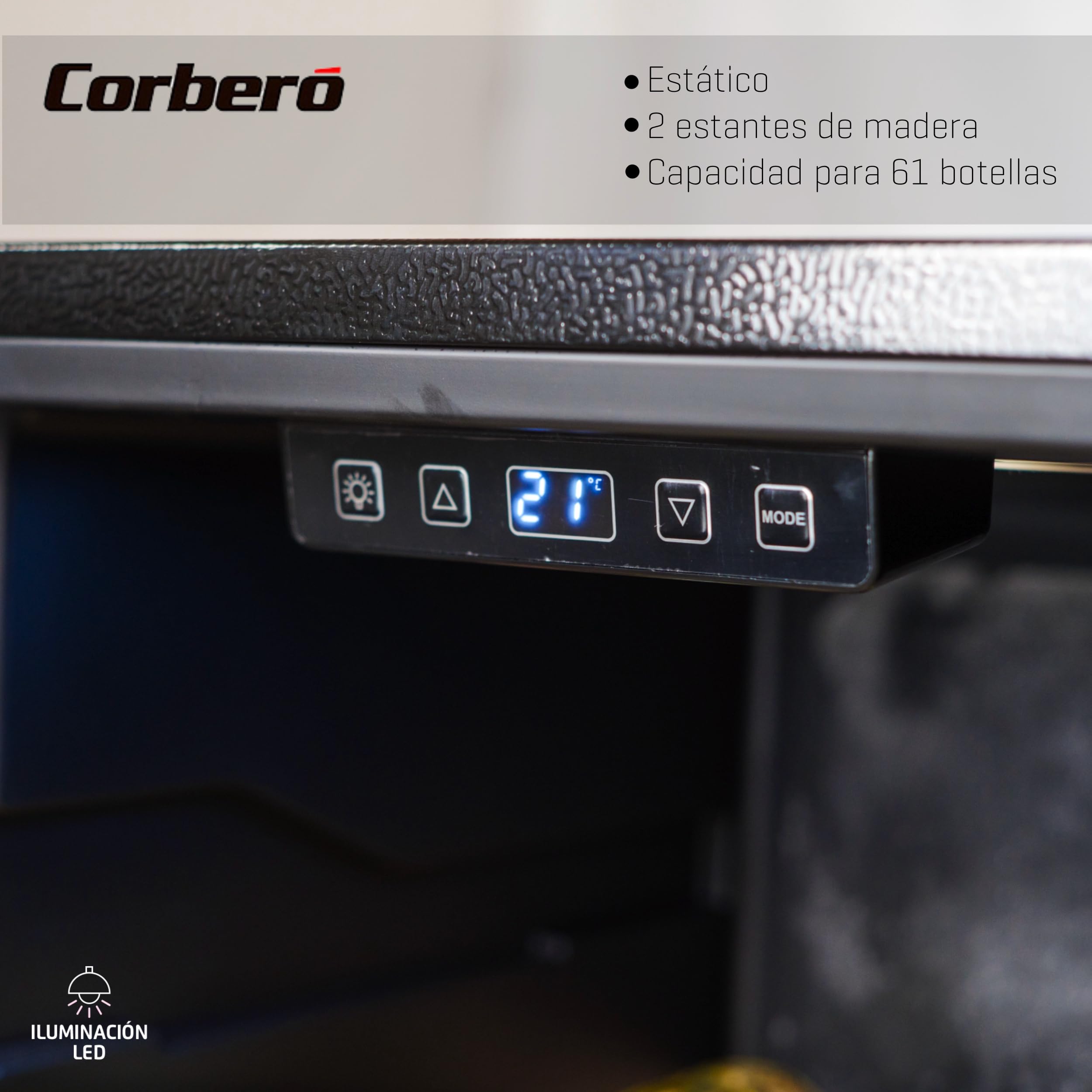 Corberó - Vinoteca CFKWC61SW | 126L | 61 Botellas | Puerta Cristal | Display LED | 2 Estantes Madera | Rango Temperatura 5-20ºC | Nevera para vinos | Negro