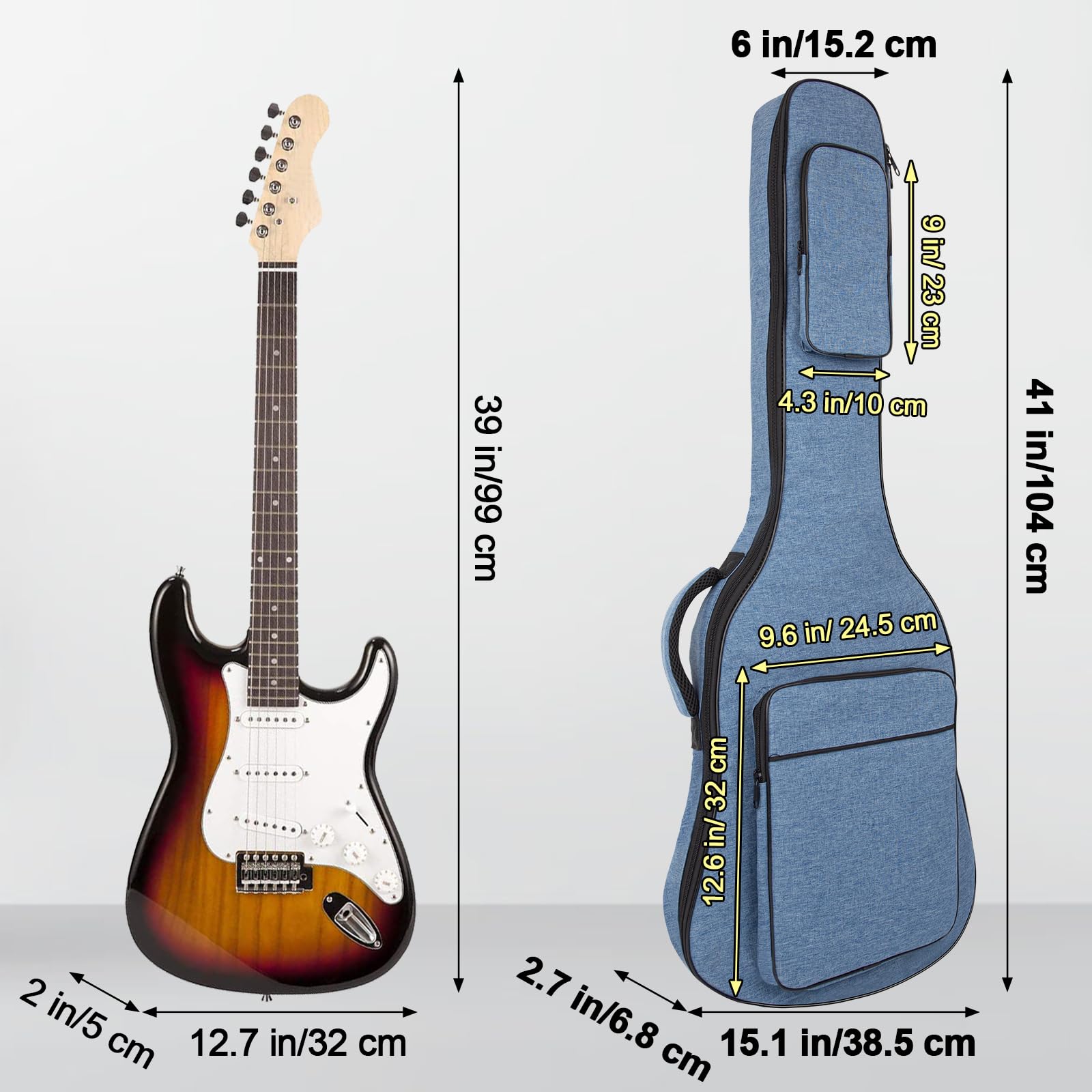 Sac Étui souple de guitare électrique de 39 pouces, rembourré 11 mm, étanche avec poches, bleu