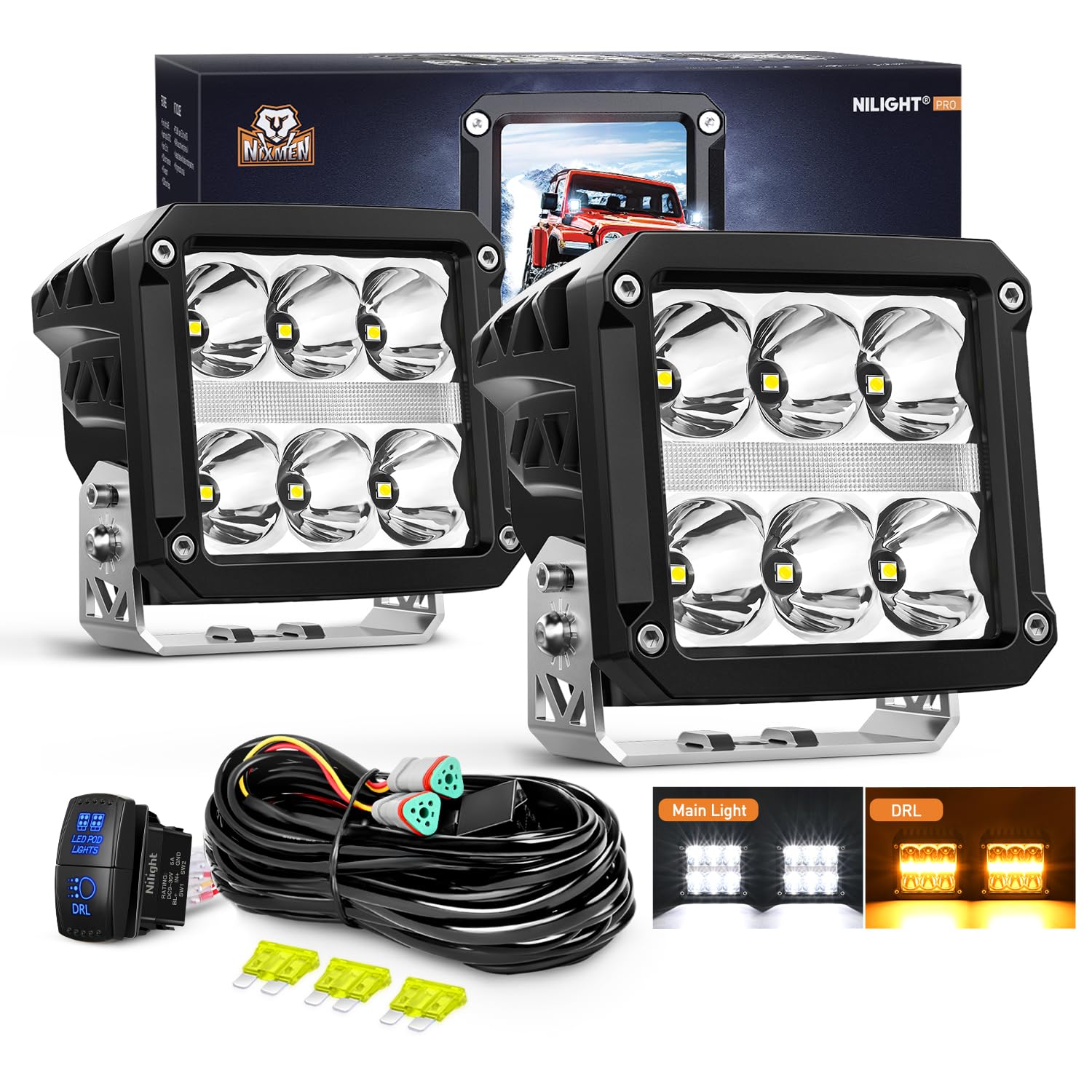 Nilight 4 Inch 60 W Square Spot LED Pod Lights with Amber DRL
