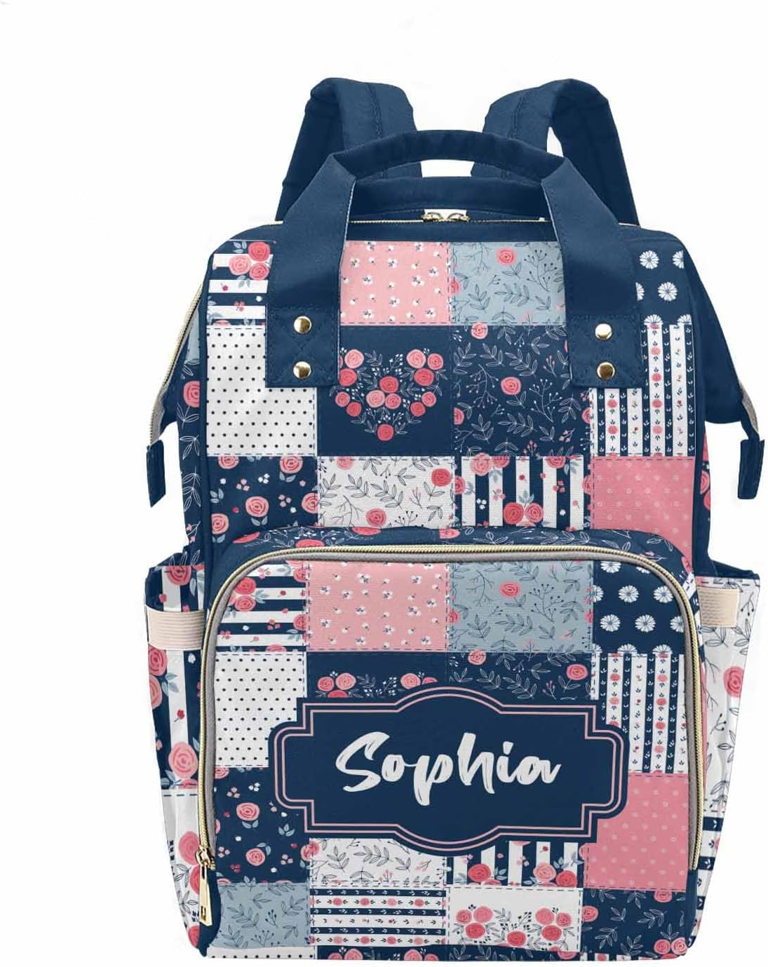 Newcos Personalized Diaper Bag Customized Rainbow Flower Pink Waterproof Nursing Bags Custom Mommy Daypack with Name for Travel Outside Daily Use