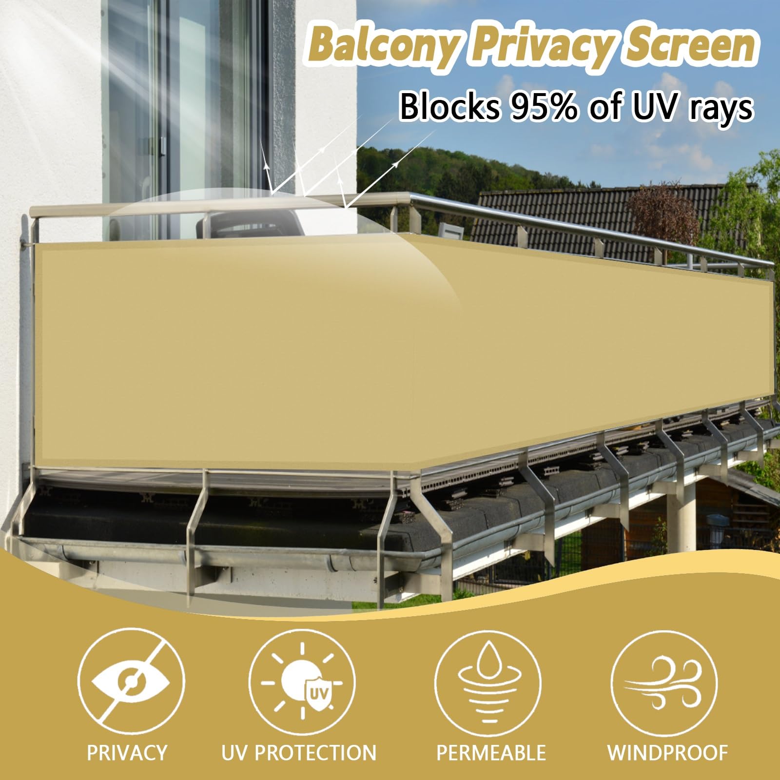 Osłona Balkonowa HDPE 80 x 700 cm Odporny Na Warunki Atmosferyczne Wytrzymały Osłona Prywatności Na Balkon Przeciw Wiatrowi Na Ogród Kwiat Roślina Szklarnia, Piaskowy żółty