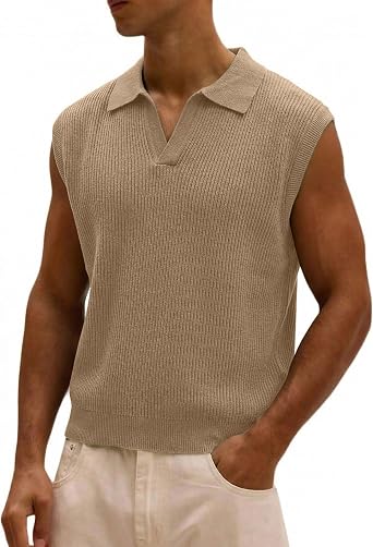 JMIERR Mens Casual Knitted Wool Sleeveless Shirts Johnny Collar Summer Beach Textured Tank Tops
