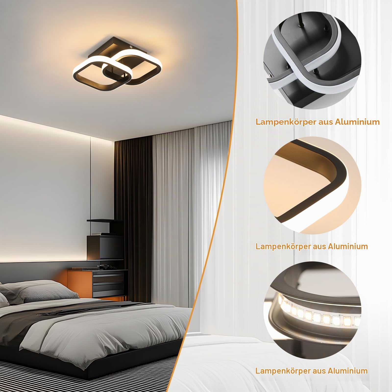 2 Stück LED Deckenleuchte 22W Deckenlampe Warmweiß 3000K, Schwarz
