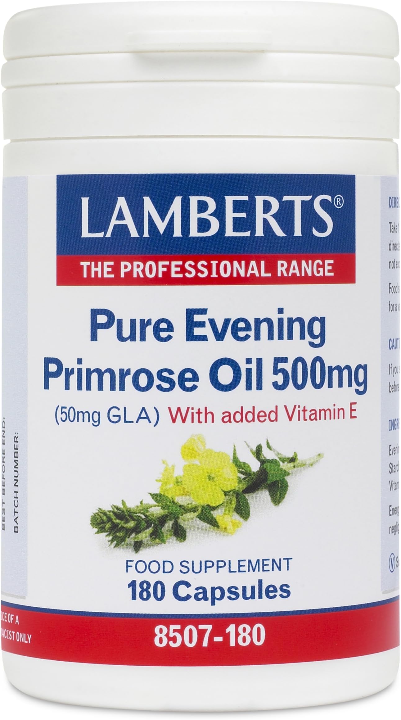 Lamberts Pure Evening Primrose Oil 500mg โ Natural GLA Source with Vitamin E โ Easy-Swallow Capsules โ 180 Softgels โ Omega 6 Supplement