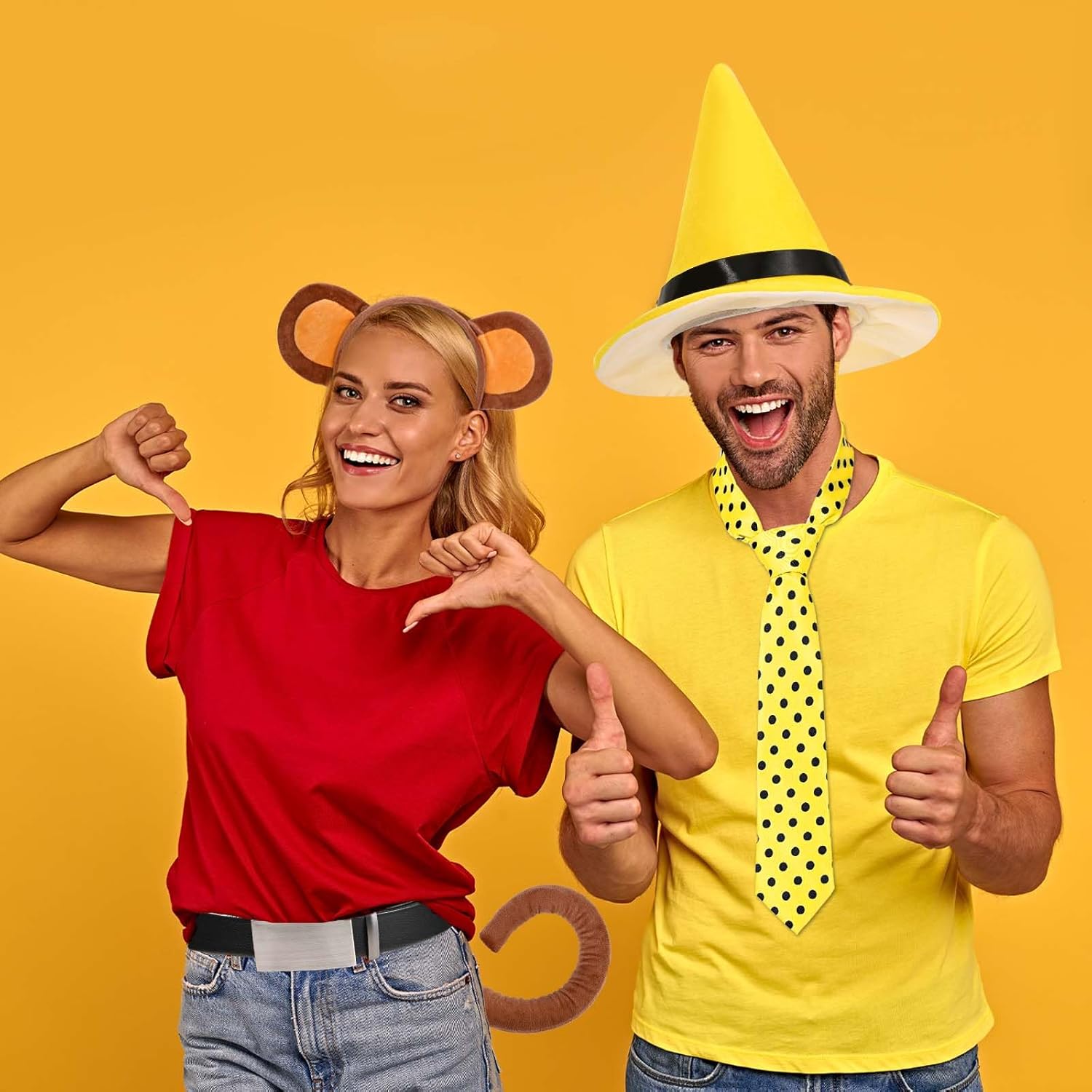3 Pcs Halloween Monkey Friend Costume Include Yellow Hat,Dots Tie and Belt for Men Women Party Cosplay - Image 6