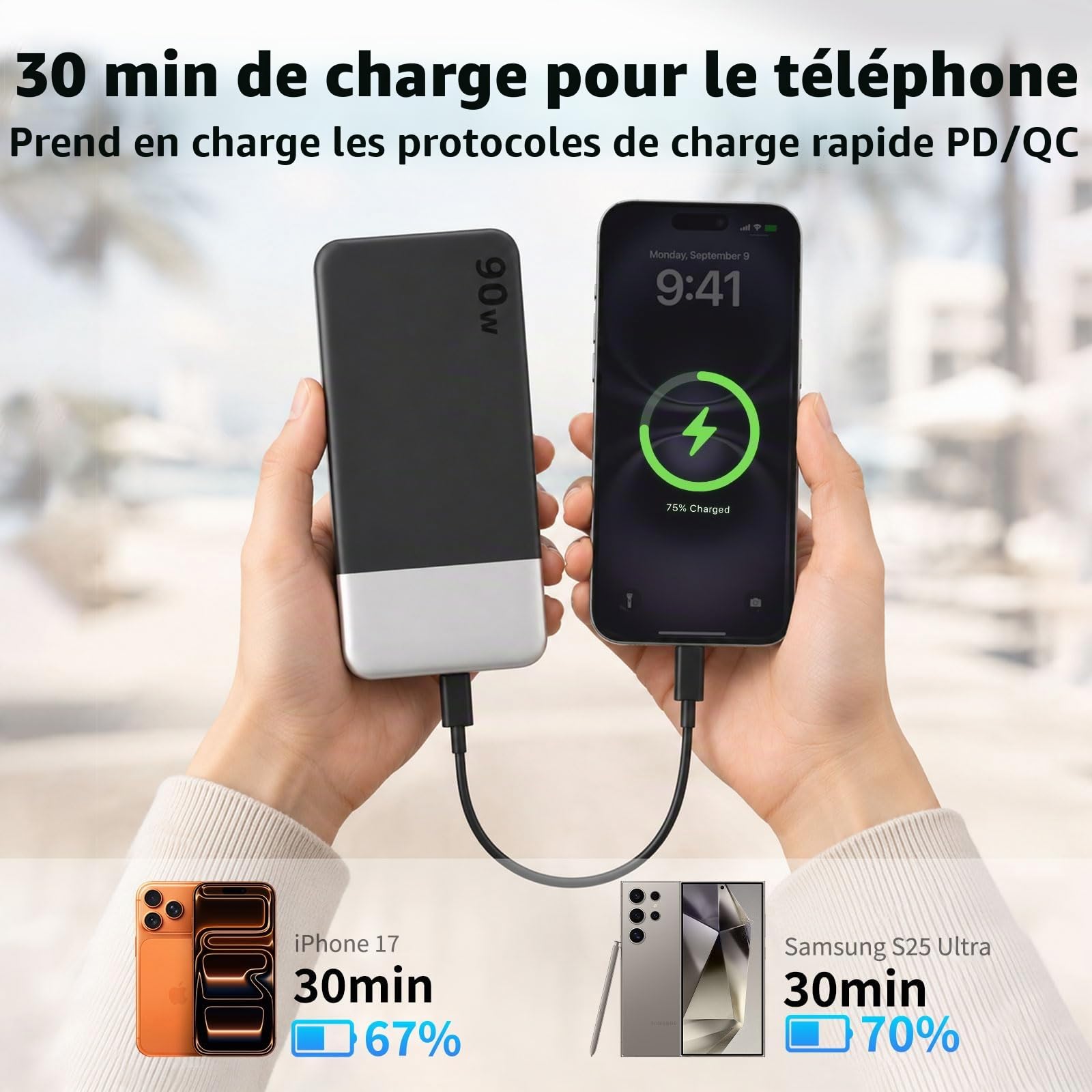 NOBIS Batterie Externe 90W 20 000 mAh Charge Rapide PD Ordinateur