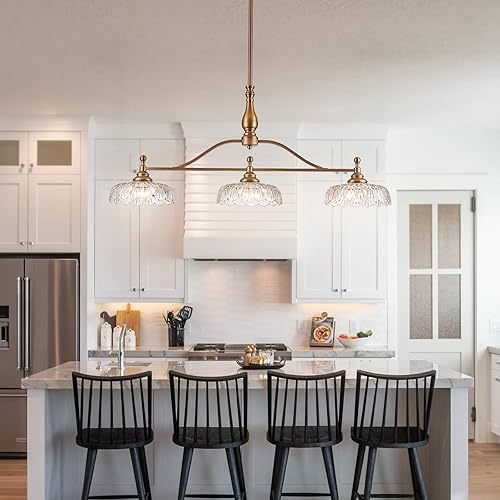 Miniatura 8 de HDDFL Candelabros colgantes, lámpara colgante vintage, 3 luces, lámpara colgante de latón mate, lámpara colgante de vidrio para cocina, cocina,