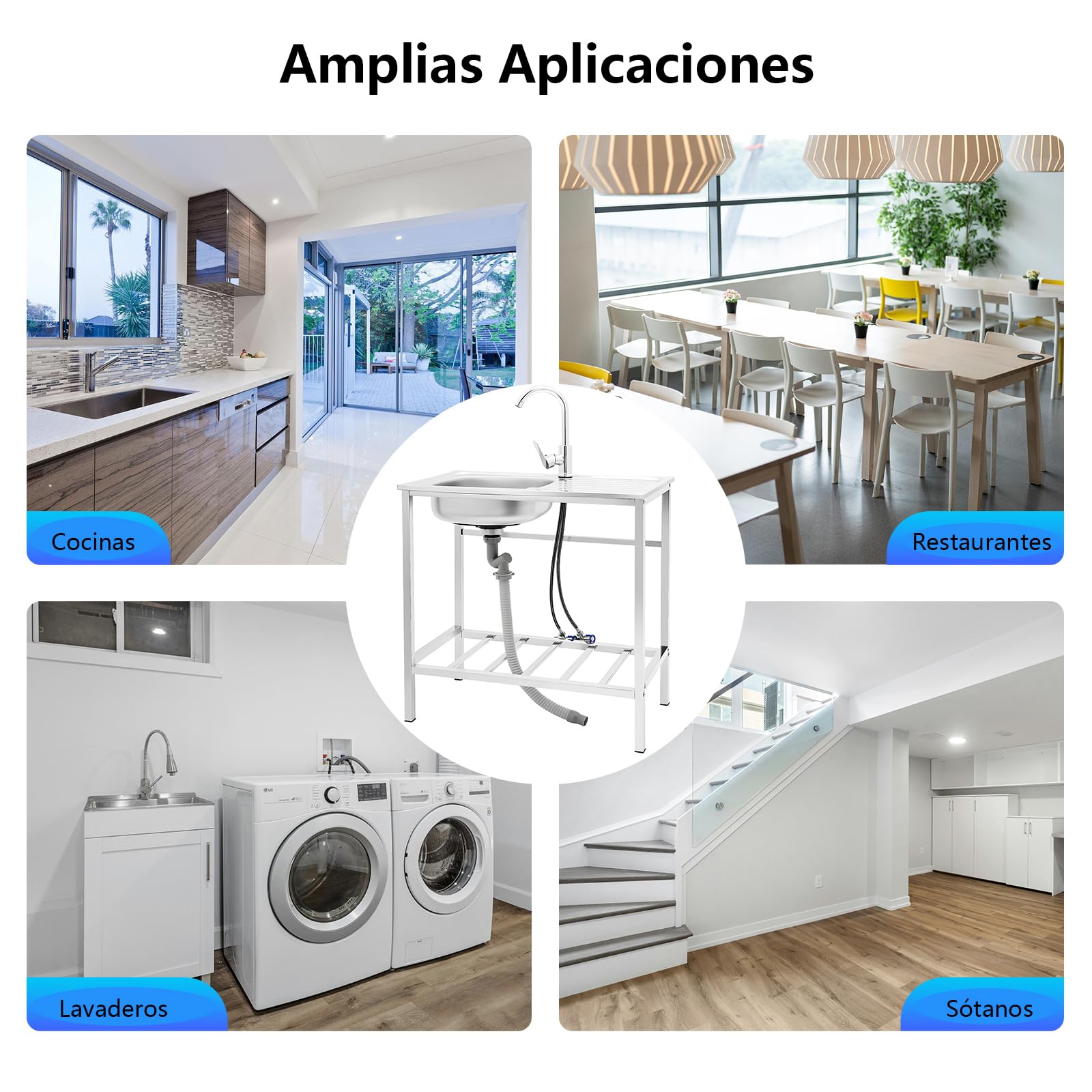 Fregadero de cocina Fregadero de acero inoxidable con mesa de trabajo y grifo, fregadero comercial, mesa de trabajo, fregadero de cocina, fregadero empotrado, 75 x 40 x 76 cm