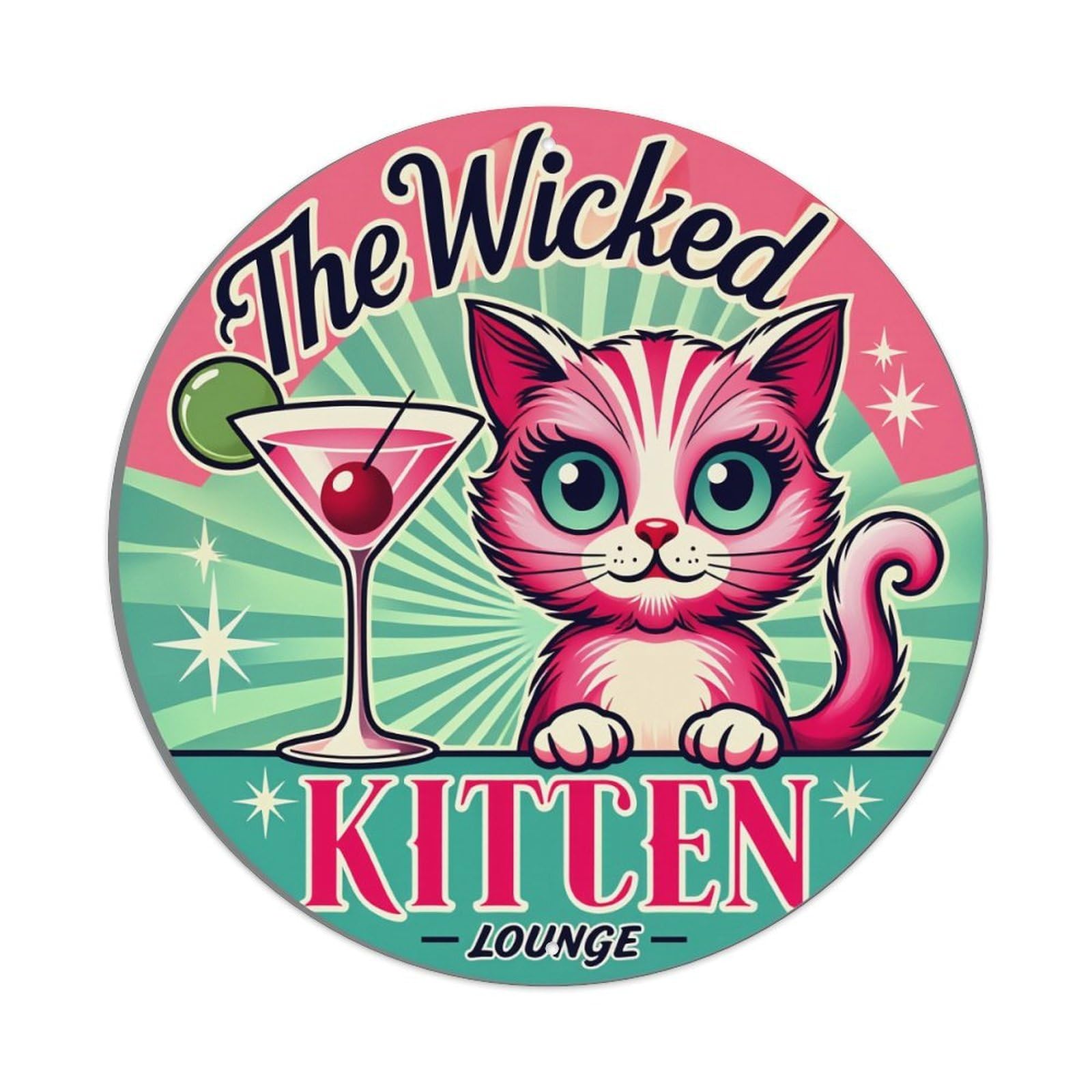 Pink Cat Martini Stars Lounge Round Tin Sign Retro Metal Sign for Cafe Bar Pub Home Game Room Gym Club Wall Decoration Vintage Metal Poster 8x8 Inch
