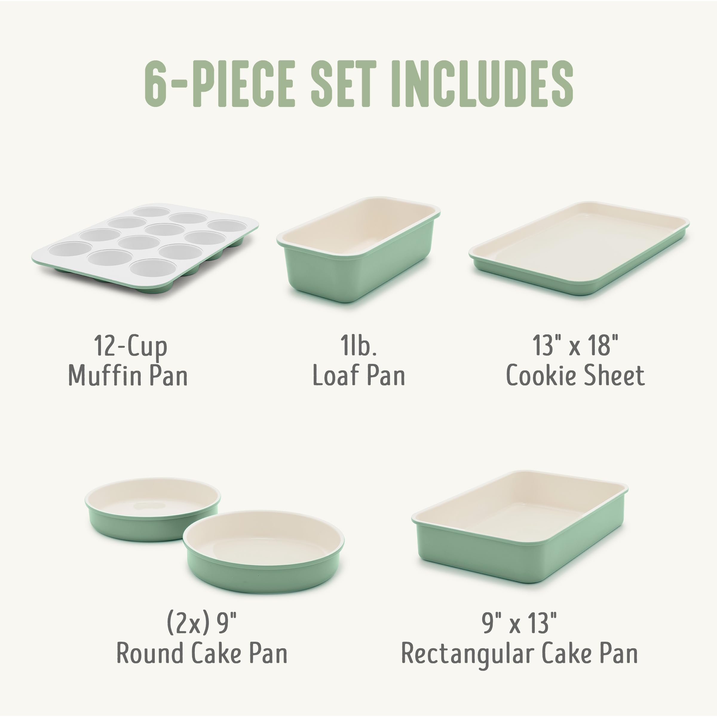 GreenLife 6-teiliges Antihaft-Backformen-Set, ungiftig, PFAS-freie Keramik, Ofenpfannen, spülmaschinen- und ofenfest bis 230 °C, leicht zu lösen, Backblech, Kastenform, rechteckiger und runder Kuchen