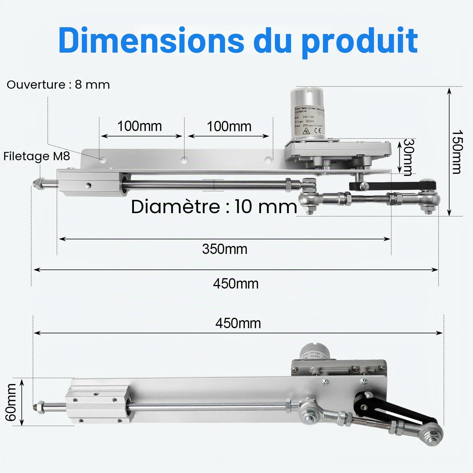 Moteur à piston linéaire, actionneur linéaire avec moteur CC 24V & 290 tr/min, actionneur linéaire télescopique de 3-16 cm avec régulation de vitesse et alimentation électrique